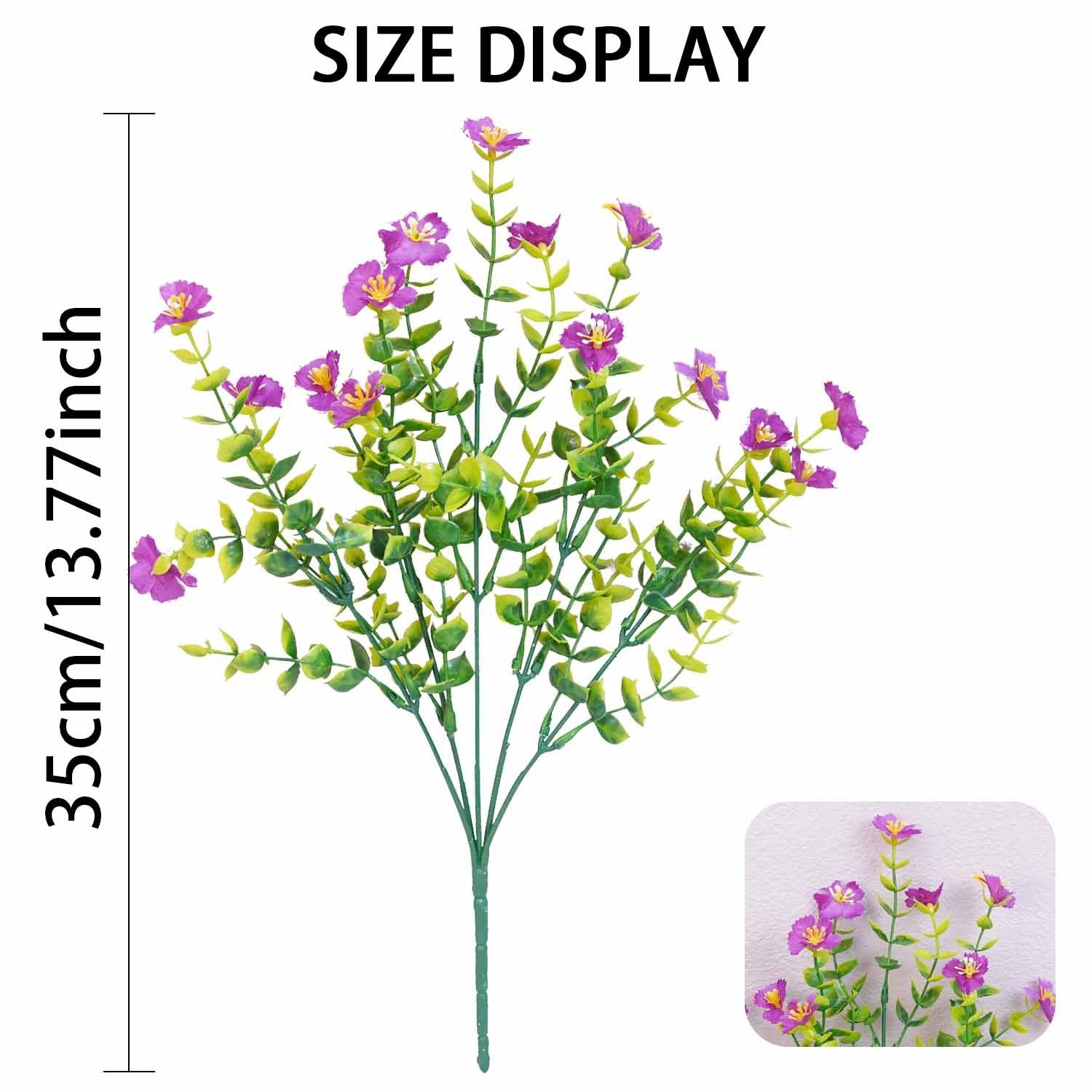 Artificial plant with purple flowers and green leaves, displayed with size measurement on a white background.
