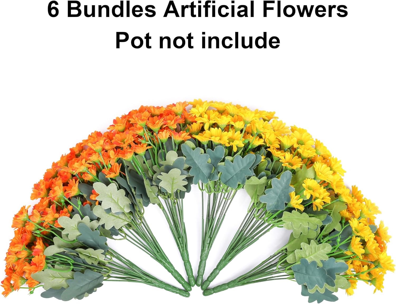 Bundles of artificial flowers with orange, yellow, and green colors on a white background.