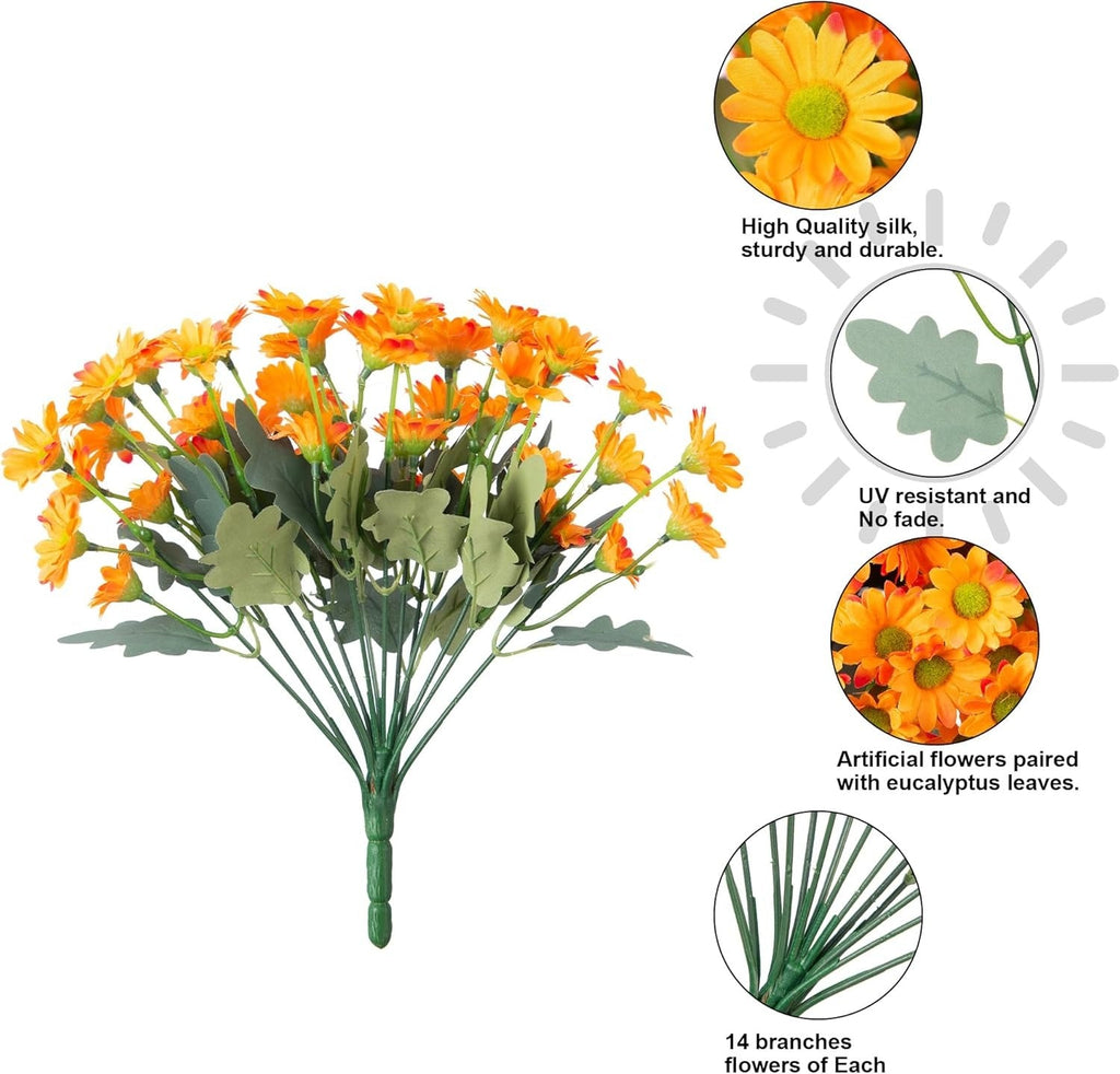 Bouquet of artificial orange flowers with eucalyptus leaves on a white background, featuring quality and durability text.