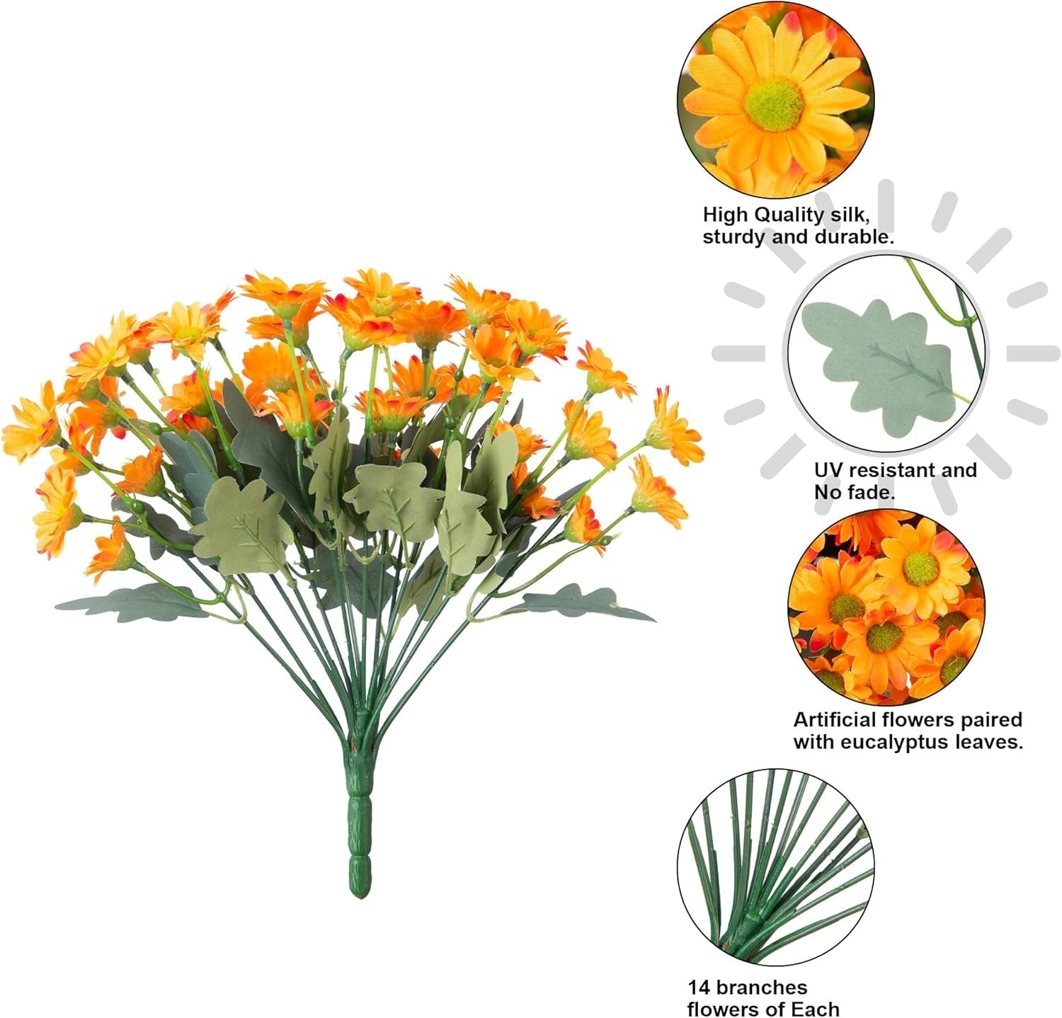 Bouquet of artificial orange flowers with eucalyptus leaves on a white background, featuring quality and durability text.