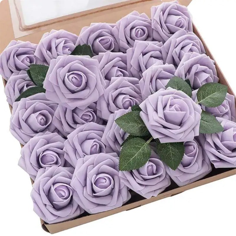Box of purple foam roses with green leaves on a white background