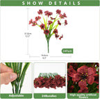 Artificial flowers with dimensions, packaging details, and quality assurance on a white background.