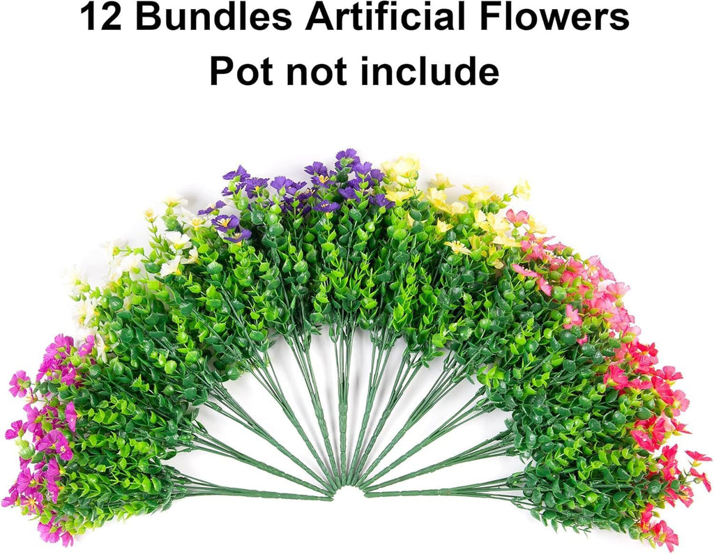 12 bundles of artificial flowers with a white background and text indicating the pot is not included.