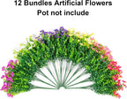 12 bundles of artificial flowers with a white background and text indicating the pot is not included.