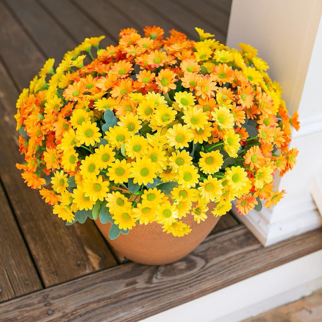 Potted plant with yellow and orange flowers on a wooden surface