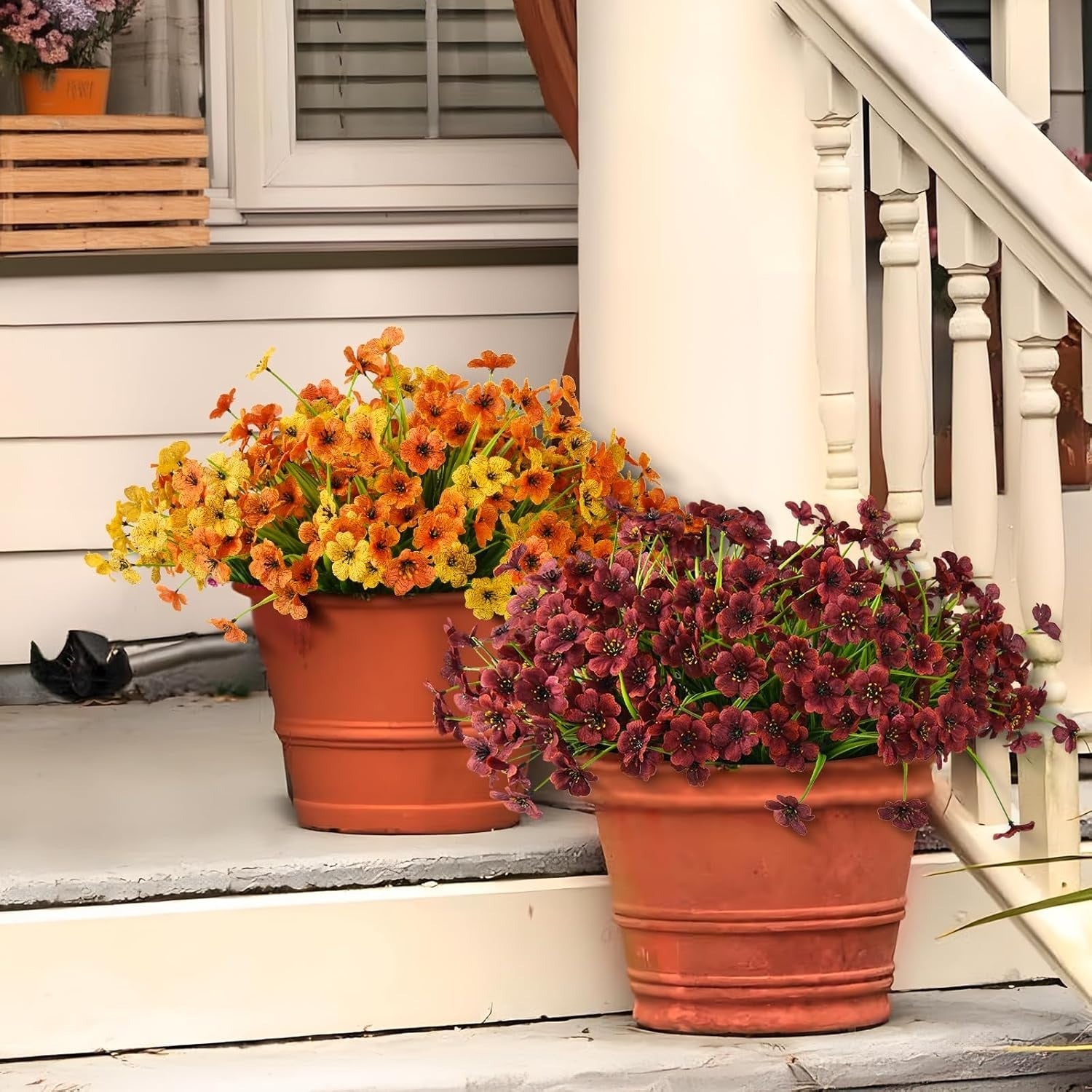 Two terracotta pots with flowering plants on a porch.