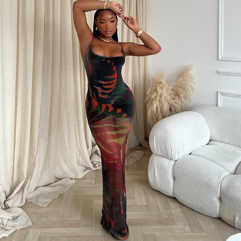 Women's Fashion Printed Dress Sexy Suspender Mesh Sleeveless One Step Skirt Trend