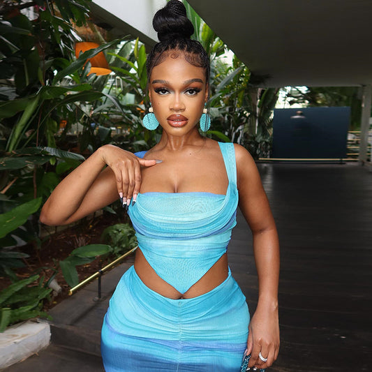 Women's Fashion Printed Skirt Suit Sexy Lace-up Small Vest Slit Skirt