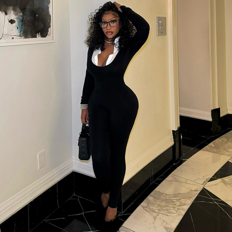 Elegant women's sexy tights slim long jumpsuit Zipper long sleeves white U-neck jumpsuit