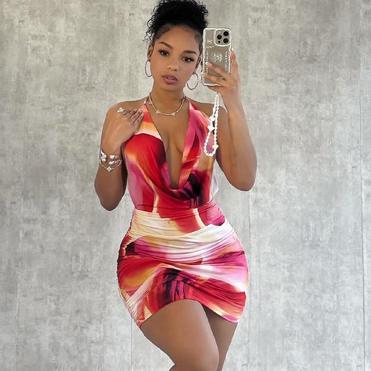 Women's Fashion Printed Dress Sexy Swing Neck Halter Lace-up Backpack Hip Skirt