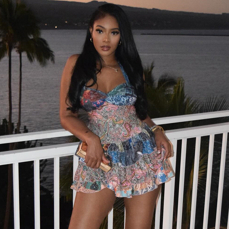 Fresh abstract print ruffled A-line skirt Halter neck backless short dress casual holiday women's wear