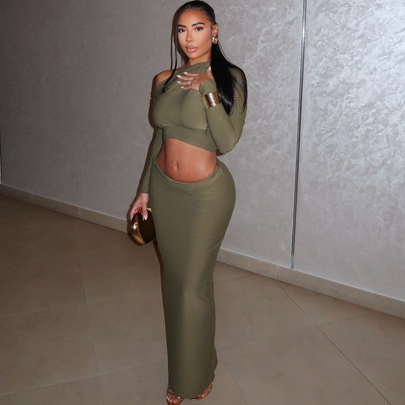 New women's comfortable casual solid color navel-baring long skirt suit long skirt long sleeve oblique collar two-piece suit