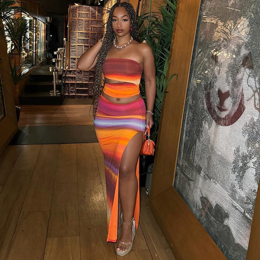 Summer gradient print sleeveless sexy tube top slim hip skirt suit