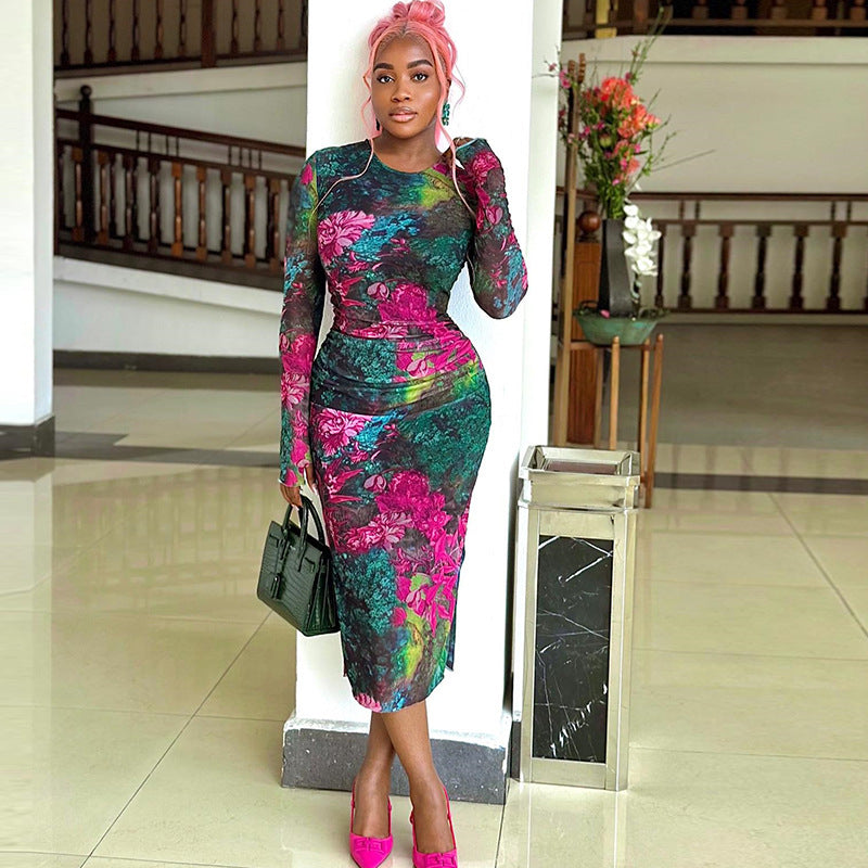 Fashion women's elegant printed hip-wrapped one-step skirt round neck long sleeve slim fit long dress