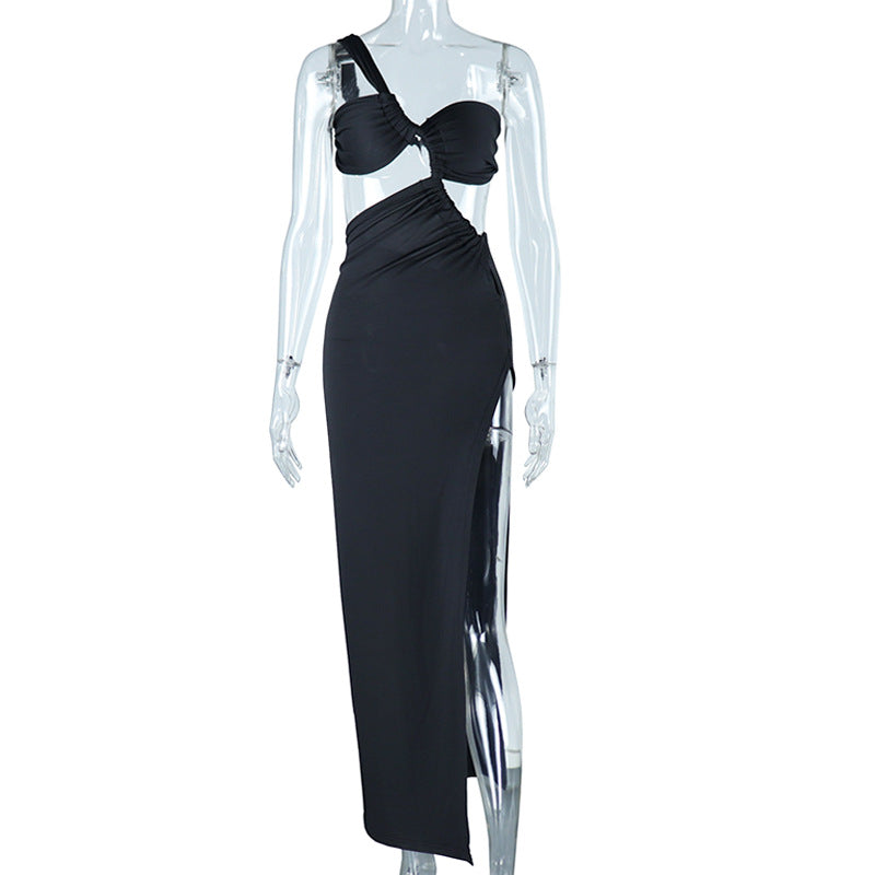 Style off-shoulder dress solid color pullover sexy backless evening dress long celebrity style slit skirt