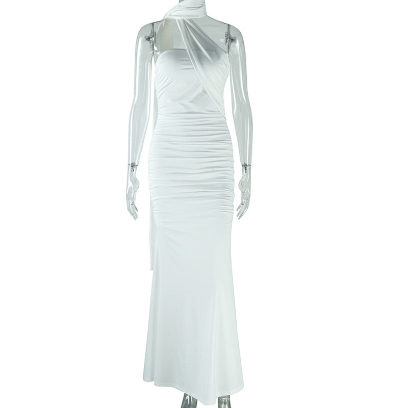Women's solid color halter neck dress sexy backless ribbon slit temperament long skirt