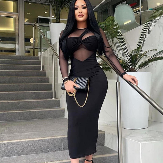 Ladies new round neck mesh stitching long sleeves mid-length tight dress