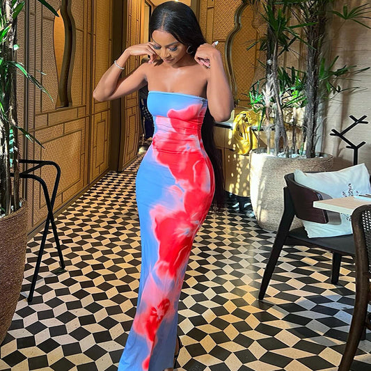 Women's Fashion Printed Dress Sexy One Shoulder Sleeveless One Step Dress