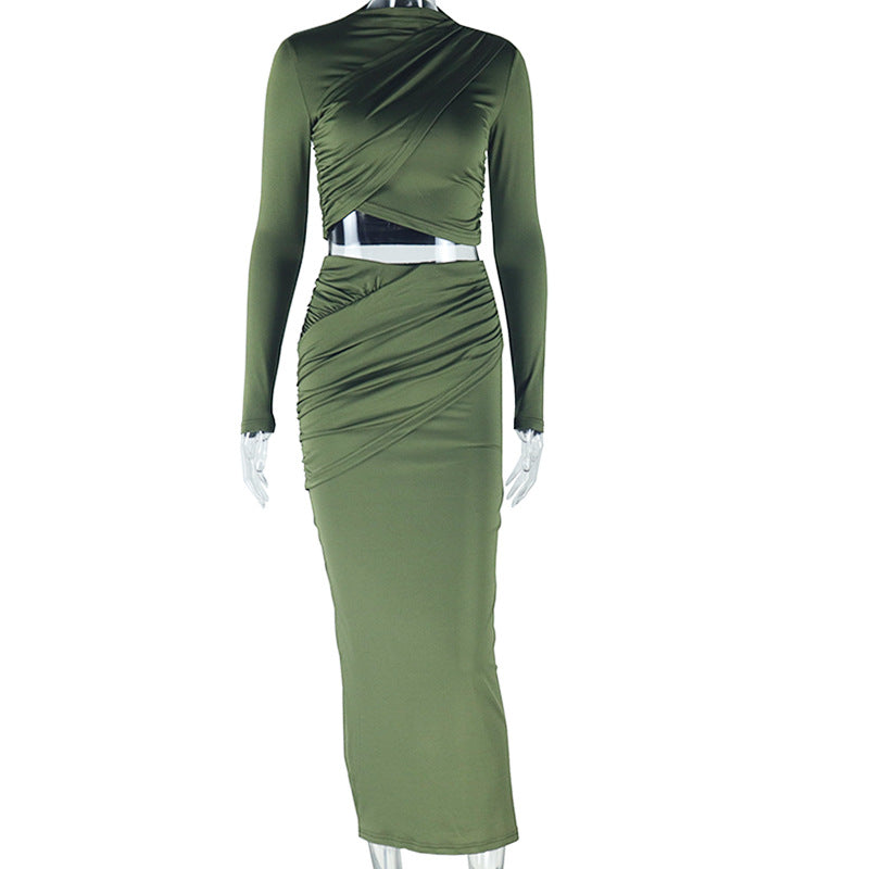 Solid color round neck irregular long sleeve belly-baring top casual skirt two-piece suit trendy women