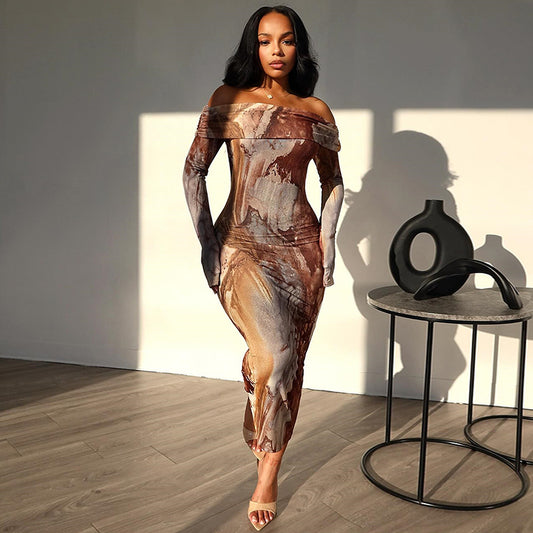 Women's Retro Fashion Print Sexy One Shoulder Long Sleeve One Step Dress