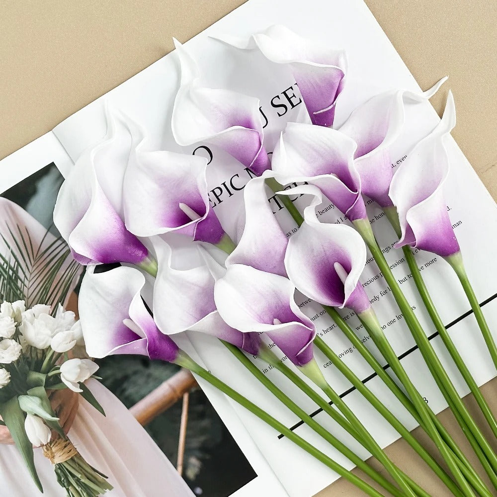 12PCS Calla Artificial Flowers for Decoration,Wedding Bridal Bouquet,for Home Room Office Table Decor, Purple Calla Fake Flower