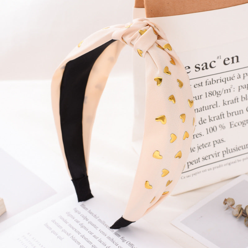 Gold heart sequined headband, ladies' stylish hair accessories, solid color fabric middle knotted headband for women