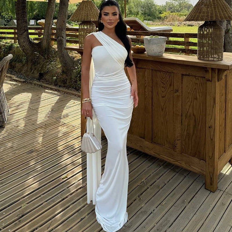 Women's solid color halter neck dress sexy backless ribbon slit temperament long skirt