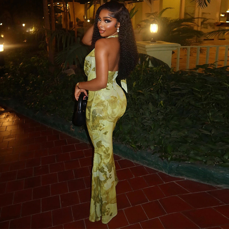 Fresh women's fashion print backless elegant fishtail skirt Slim deep V neck halter dress
