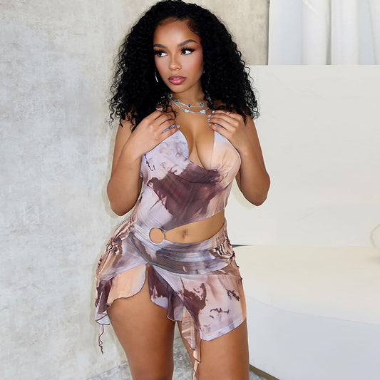 Women's Fashion Printed Dress Sexy Halter Neck Tie-neck Swinging Neck Backless Slit Skirt