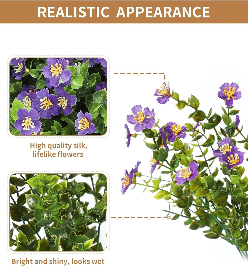 Artificial flowers with green leaves and purple blossoms, labeled for realistic appearance.