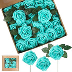 Box of turquoise artificial roses with green leaves, some on sticks.