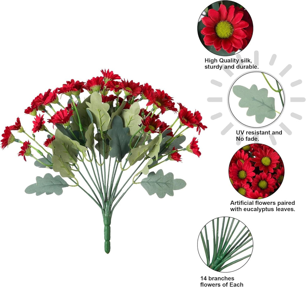 Bouquet of red artificial flowers with eucalyptus leaves on a white background, featuring UV resistance and durability text.