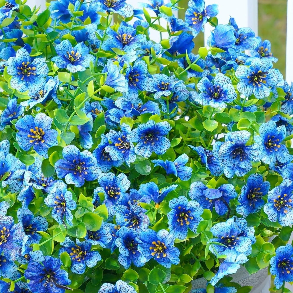 Close-up of a cluster of bright blue flowers with green leaves.