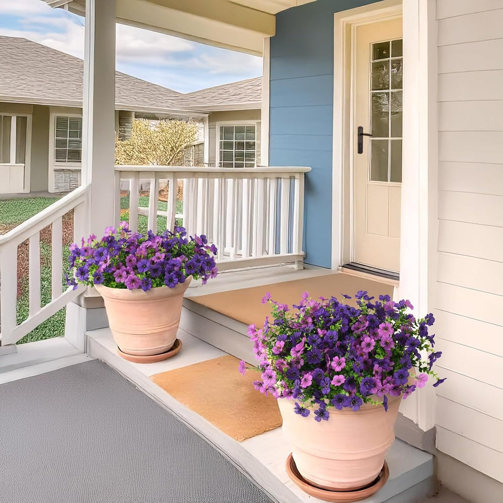 Two potted plants with purple flowers on a porch with a blue house in the background.