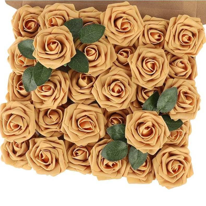Box of beige roses with green leaves on a white background