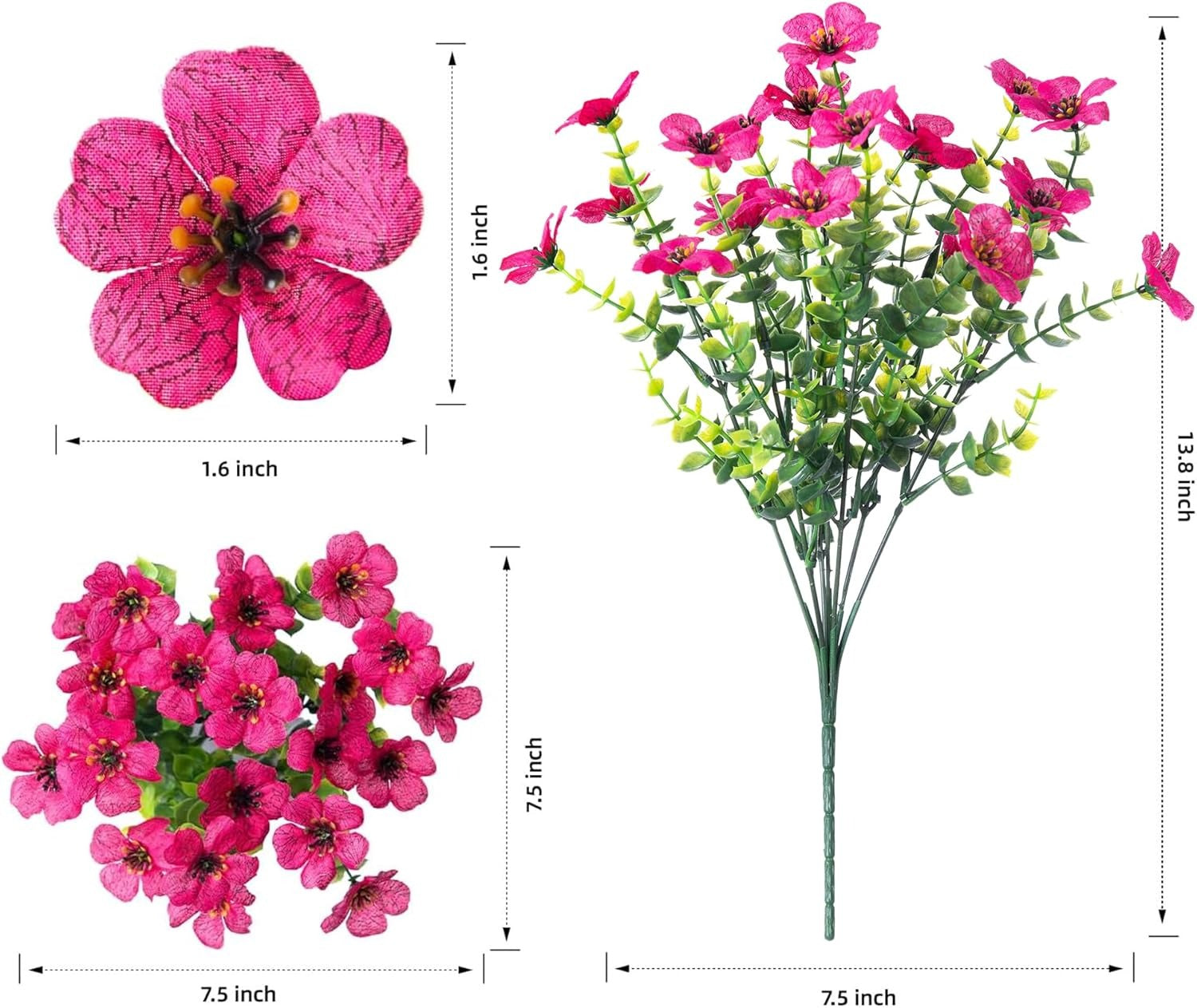 Artificial pink flowers with measurements on a white background