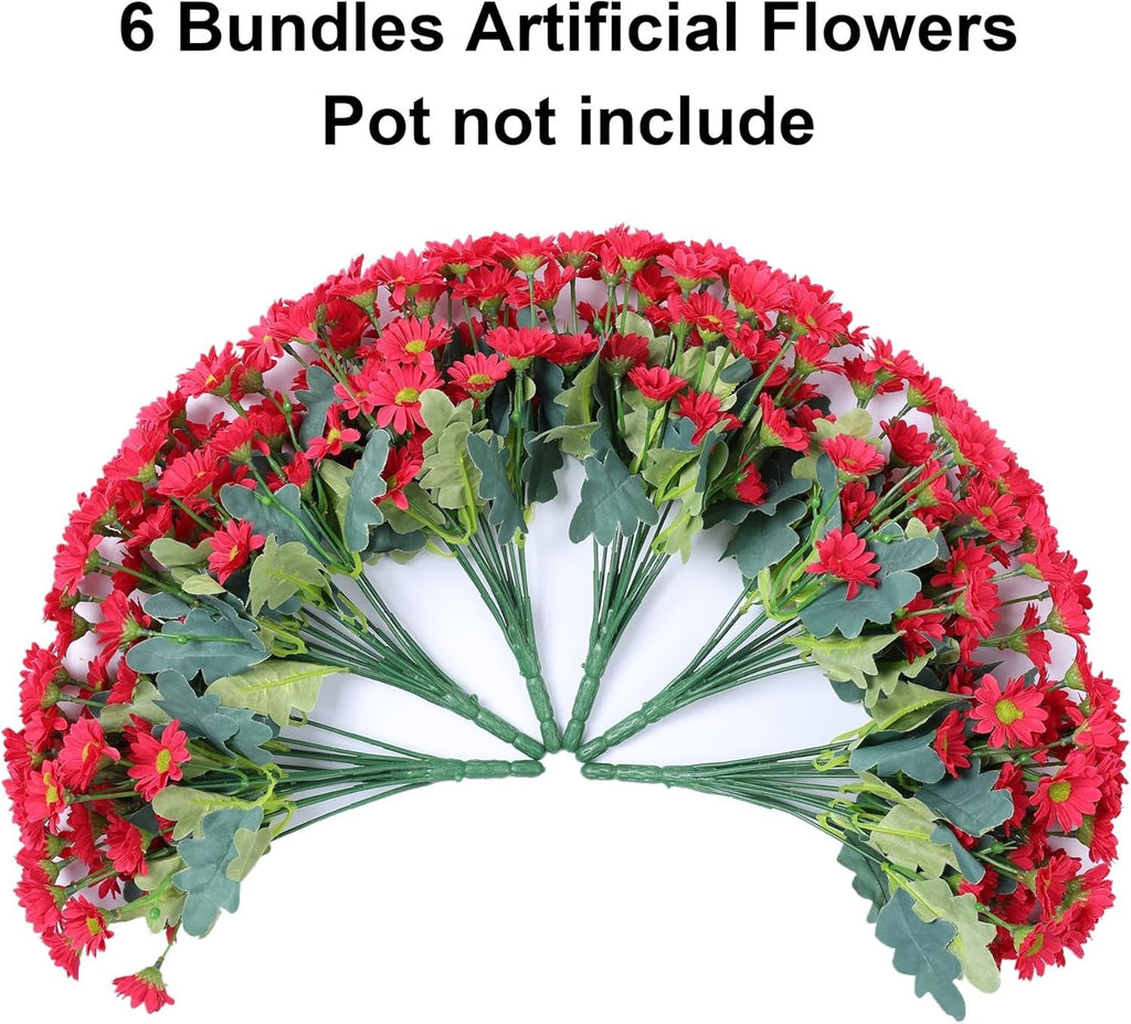 Artificial flowers in red and green with text indicating they are 6 bundles and not including a pot.