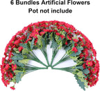 Artificial flowers in red and green with text indicating they are 6 bundles and not including a pot.