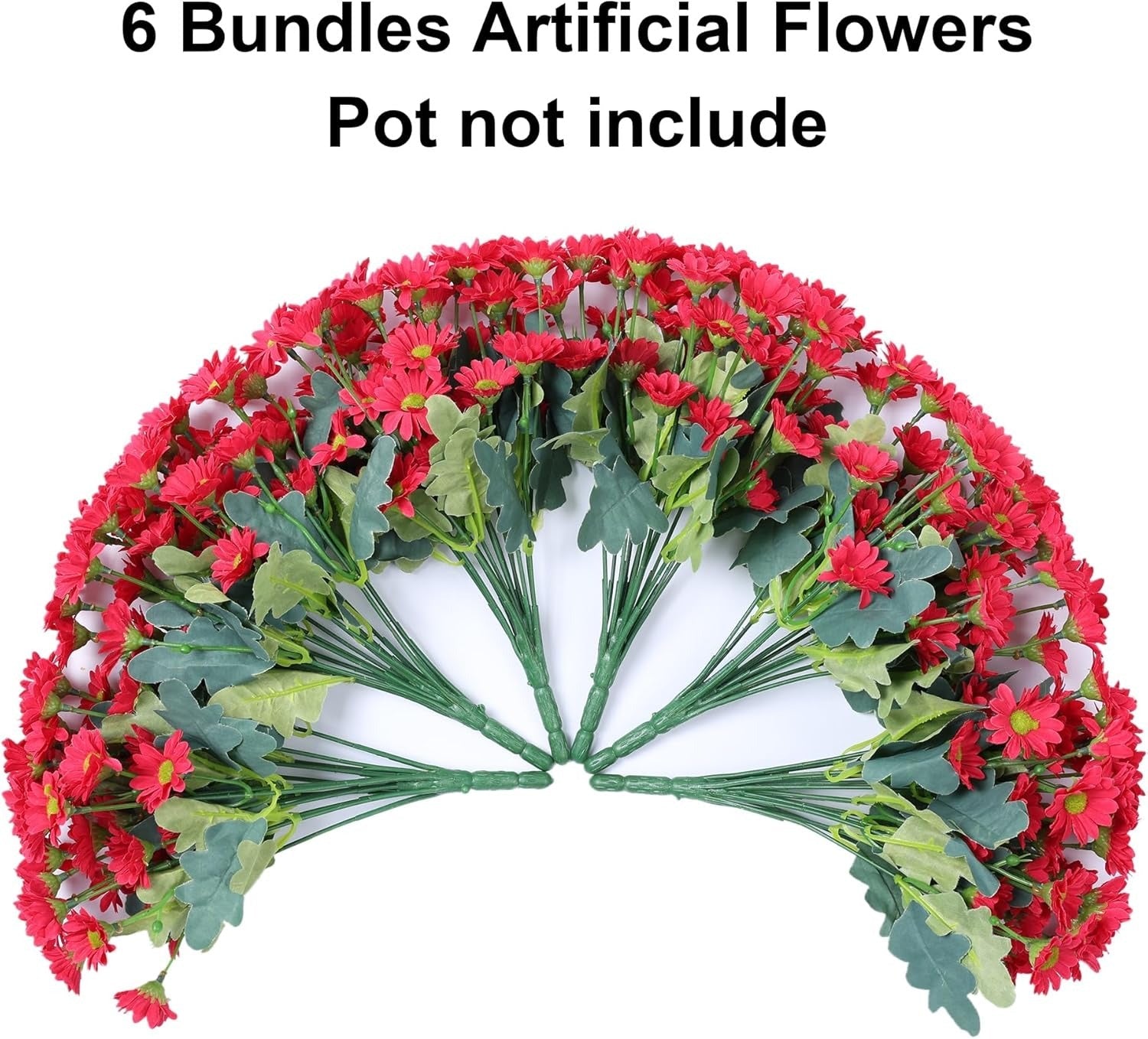 Artificial flowers in red and green with text indicating they are 6 bundles and not including a pot.
