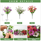 Set of artificial flowers with measurements, packaging details, and usage examples.