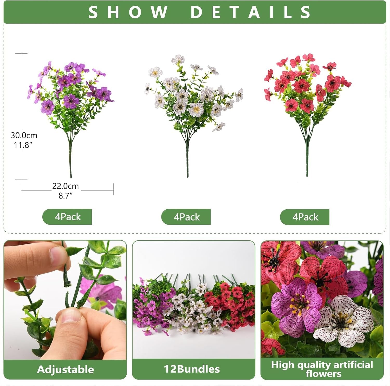 Set of artificial flowers with measurements, packaging details, and usage examples.