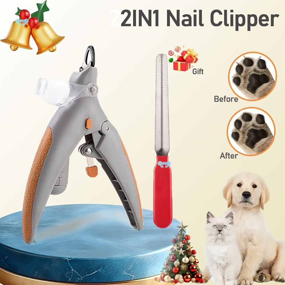 2IN1 nail clipper set with Christmas decorations and before/after images of a dog's nails.