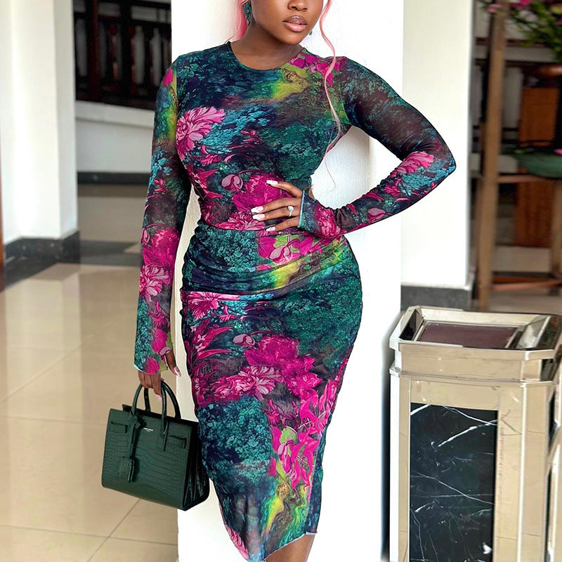Fashion women's elegant printed hip-wrapped one-step skirt round neck long sleeve slim fit long dress