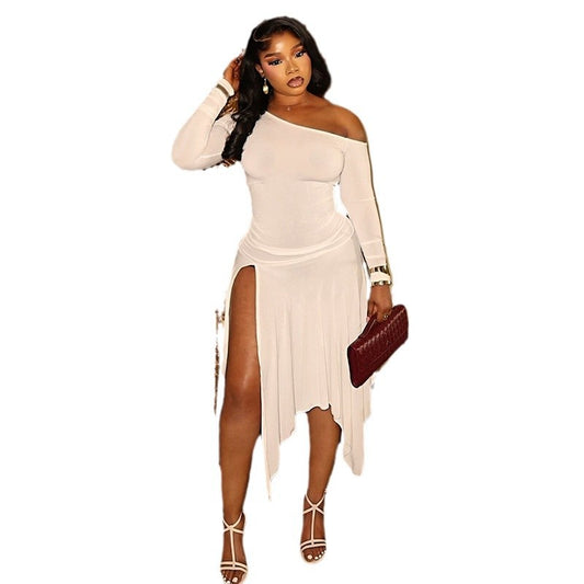 Slim Fit Solid Color Women's Fashion Irregular Skirt Off-shoulder One-shoulder Long Sleeve Mid-length Dress