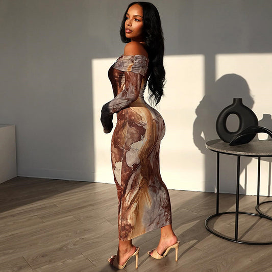 Women's Retro Fashion Print Sexy One Shoulder Long Sleeve One Step Dress