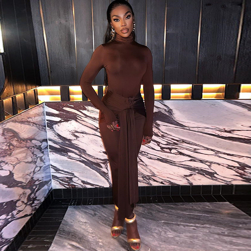 Women's solid color round neck long sleeve dress mid-waist tie ribbon temperament skirt