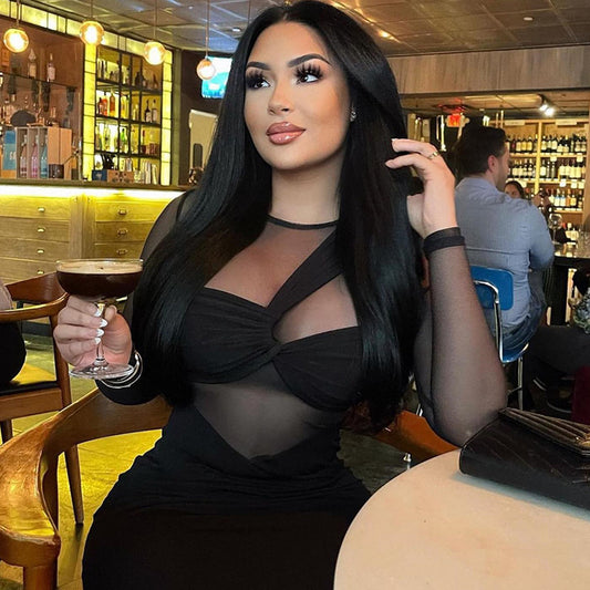 Ladies new round neck mesh stitching long sleeves mid-length tight dress