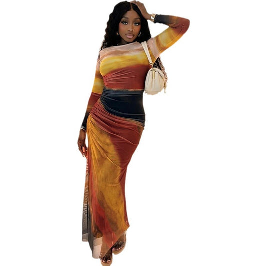 Women's Fashion Printed Dress Round Neck Pullover Long Sleeve Slit Pleated Skirt