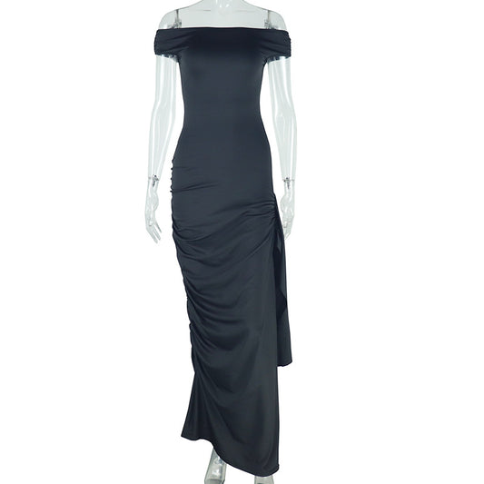 Ladies new solid color raglan sleeve dress oblique collar temperament leisure ribbon pullover skirt