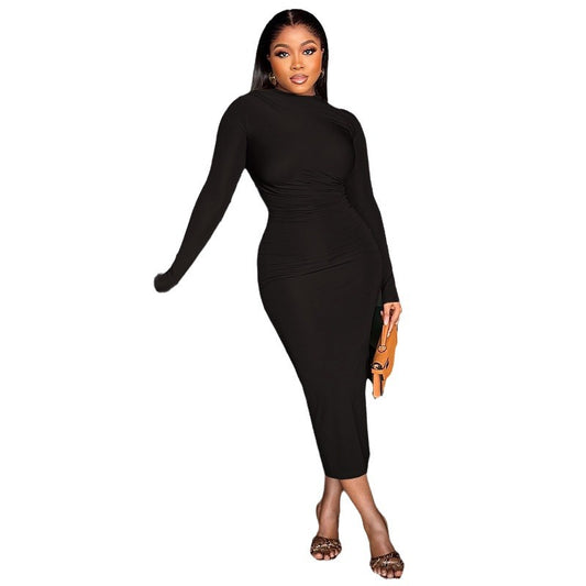 Women's solid color round neck long sleeve pullover street one step dress